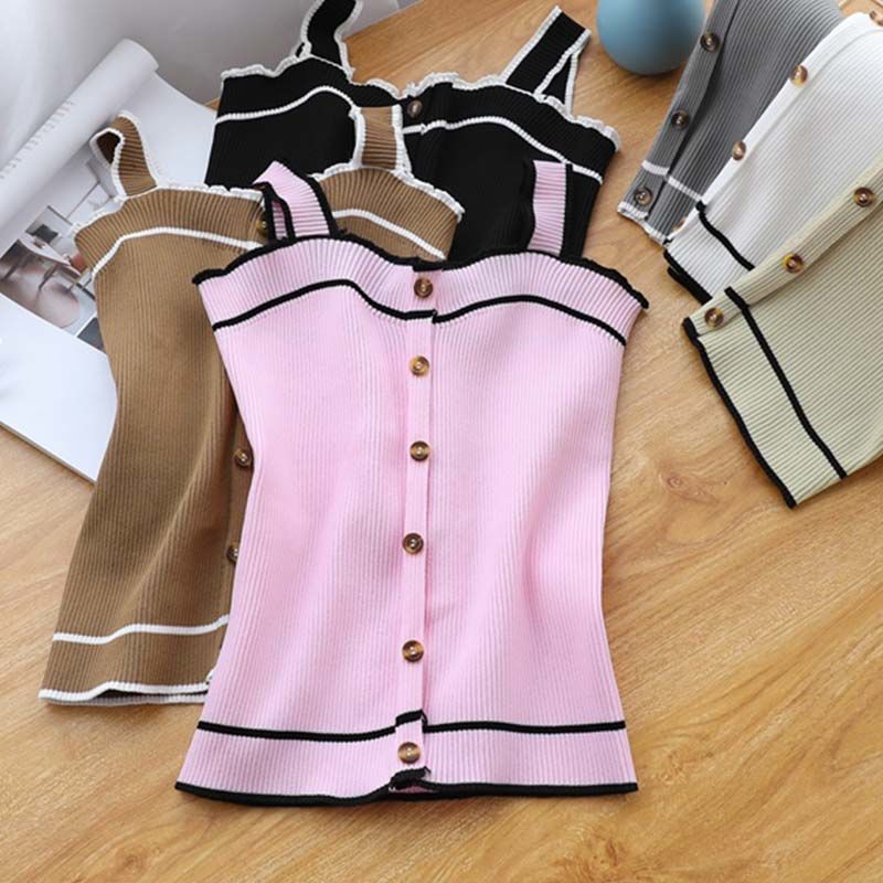 Street Fashion Style Youtube - ใหม่ถักถังปุ่มด้านบน Crop Tops ผู้หญิงเซ็กซี่ฤดูร้อน Camis Backless