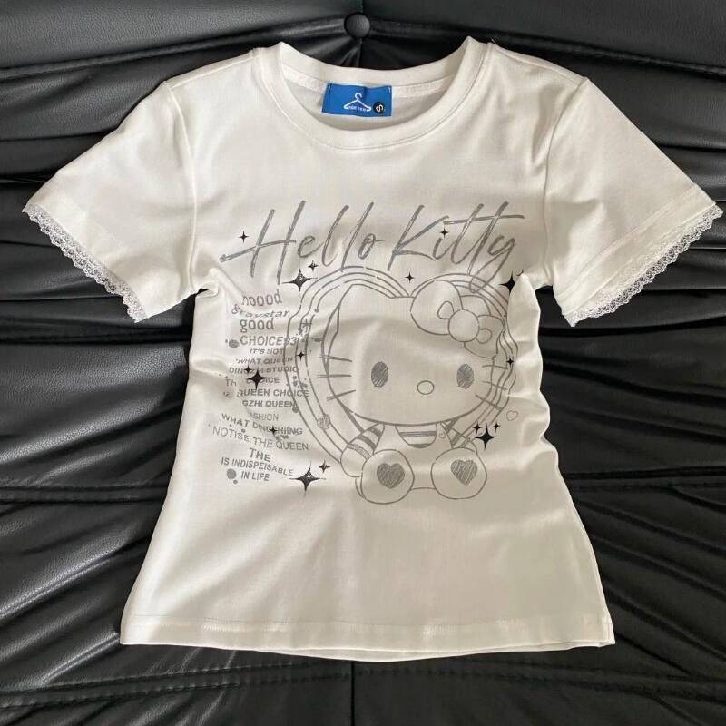 Street Fashion Jersey - เสื้อยืดแขนสั้นลายเฮลโล คิตตี้ สไตล์หวานซ่อนเปรี้ยว ย้อนยุค สำหรับผู้หญิง รุ่นใหม่ประจำฤดูร้อน