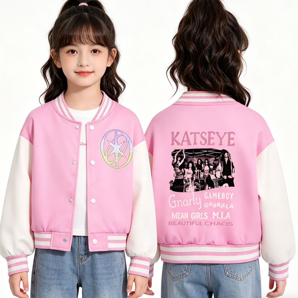 Street Fashion Kids - KATSEYE เสื้อแจ็คเก็ตเบสบอลแขนสั้นสำหรับเด็กฤดูใบไม้ผลิฤดูใบไม้ร่วงเสื้อแจ็คเก็ตวาร์ซิตี้แบบครอปสำหรับเด็กผู้หญิงเด็กผู้ชายลำลองสตรีทแวร์