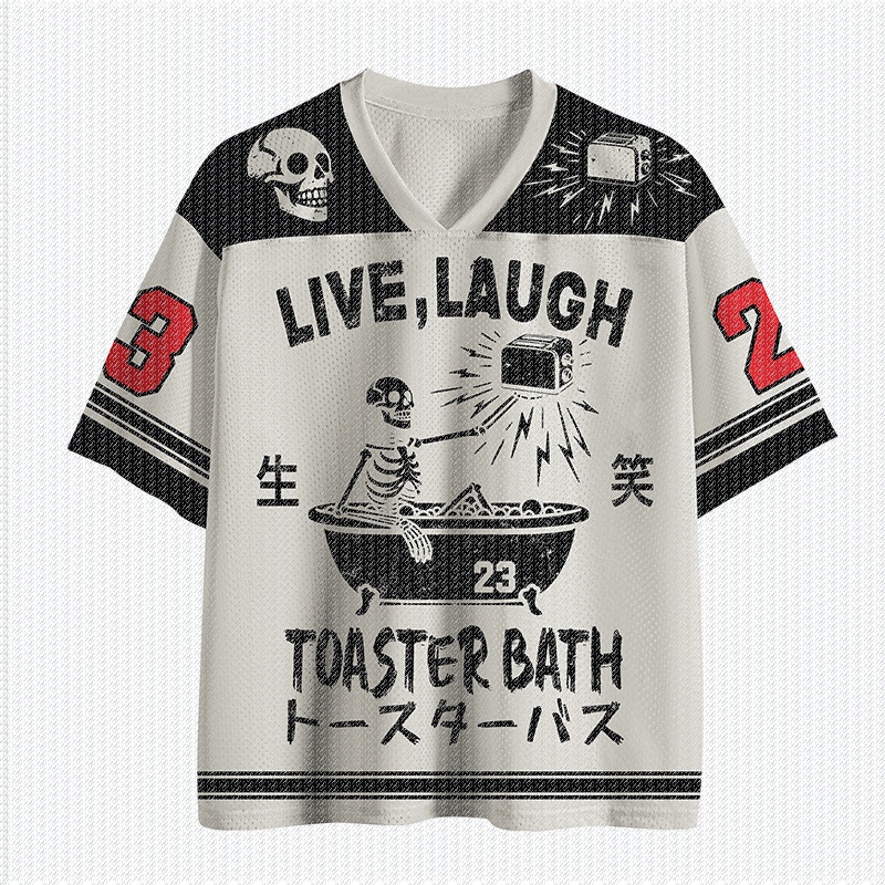 Street Fashion Jersey - เสื้อยืดคอกลมสีขาวดำ ลายกราฟิกโครงกระดูก อ่างอาบน้ำ เครื่องปิ้งขนมปัง พิมพ์ลายตัวเลข สไตล์เรโทร