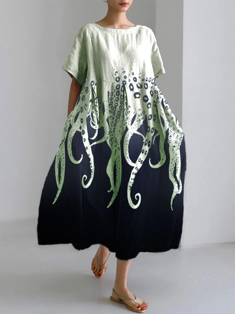 Street Fashion Shanghai - ชุดเดรสลำลองฤดูใบไม้ร่วงของผู้หญิงพิมพ์ลายดอกไม้คอกลมแขนสั้นขนาดใหญ่กระโปรงทรงเอแฟชั่นสตรีเดรสแนวสตรีท