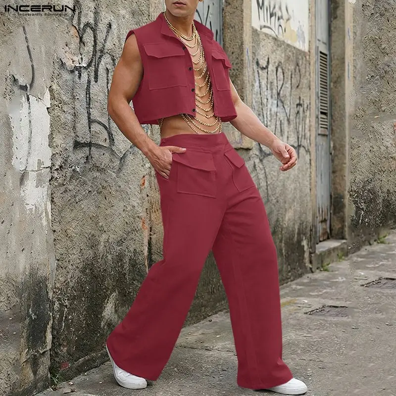 Street Fashion Clothes - INCERUN ชุดเซ็ตผู้ชาย เสื้อครอปแขนกุดสีพื้น กางเกงขายาว ชุด 2