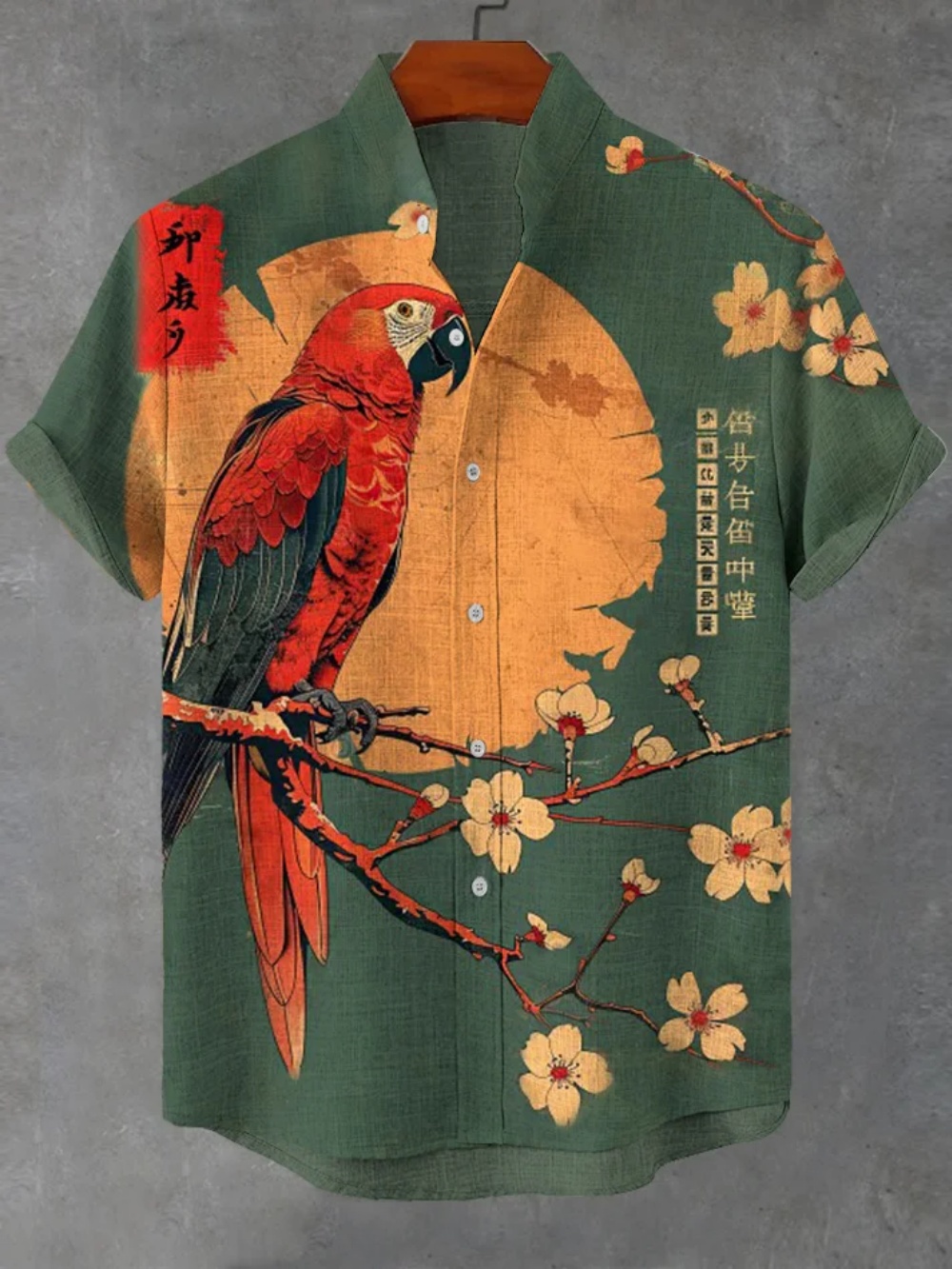 Street Fashion Shanghai - เสื้อเชิ้ตแขนสั้นผ้าลินินสำหรับผู้ชาย แฟชั่นลำลองสไตล์สตรีท พิมพ์ลาย 3 มิติ คอตั้ง