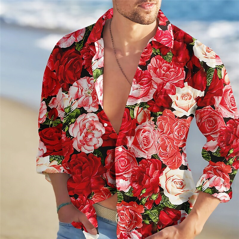 Street Fashion Shanghai - 2023เสื้อเชิ้ตผู้ชายแนวโน้มแฟชั่น Rose ดอกไม้สีรูปแบบกราฟิก HD กลางแจ้ง Street