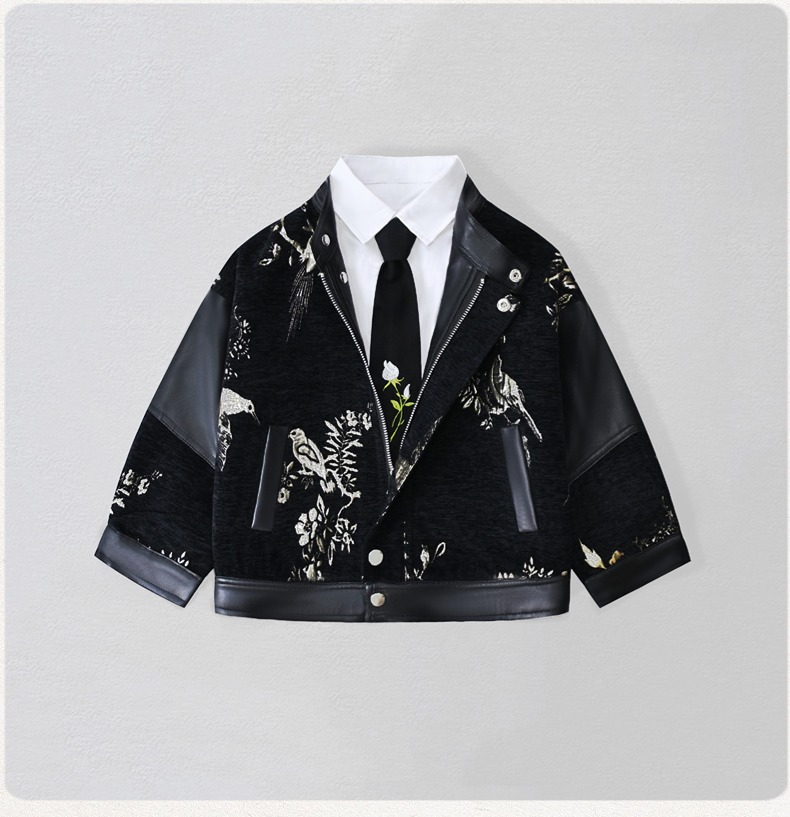 Street Fashion Kids - เสื้อแจ็คเก็ตหนัง PU ปักลายมอเตอร์ไซค์สำหรับเด็กผู้ชาย กันน้ำ กันลม เหมาะสำหรับถ่ายรูปในวันคริสต์มาสและปีใหม่