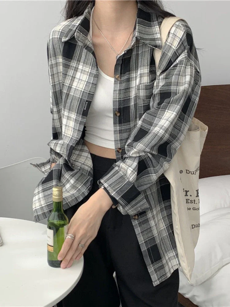 Korean Street Fashion Female - ลําลองแขนยาวเสื้อฤดูใบไม้ร่วงเกาหลีกลางความยาวหลวมผู้หญิงฤดูหนาวเสื้อลายสก๊อตหญิงแฟชั่นเปิดลงปกเสื้อ