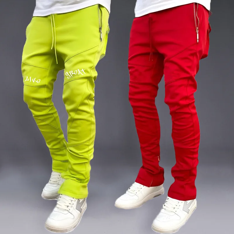 Street Fashion Brand - กระเป๋านักเรียนทรงสลิมยืดได้สำหรับผู้ชาย, กางเกงขายาวแฟชั่นสไตล์เกาหลีสำหรับวิ่ง