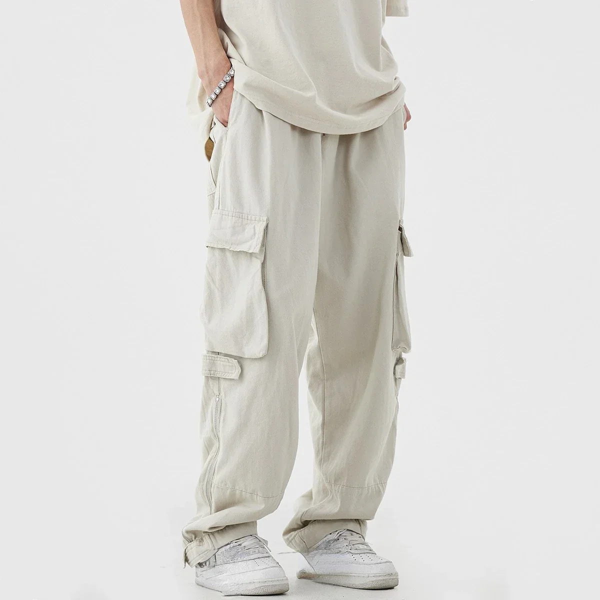 Street Fashion Brand - กางเกงทํางานแฟชั่นหลายกระเป๋าย้อนยุคอเมริกันสําหรับผู้ชายแบรนด์อินเทรนด์หลวมและอเนกประสงค์กางเกงลําลอง Street Straight