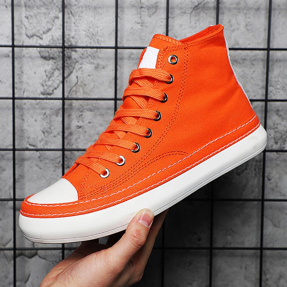 Street Fashion Brand - รองเท้าผ้าใบหุ้มข้อสูงสำหรับผู้ชาย รองเท้าผ้าใบสีดำขาวลำลอง แฟชั่นแบบผูกเชือก รองเท้าสไตล์วัลคาไนซ์ เท่ห์ๆ สตรีท
