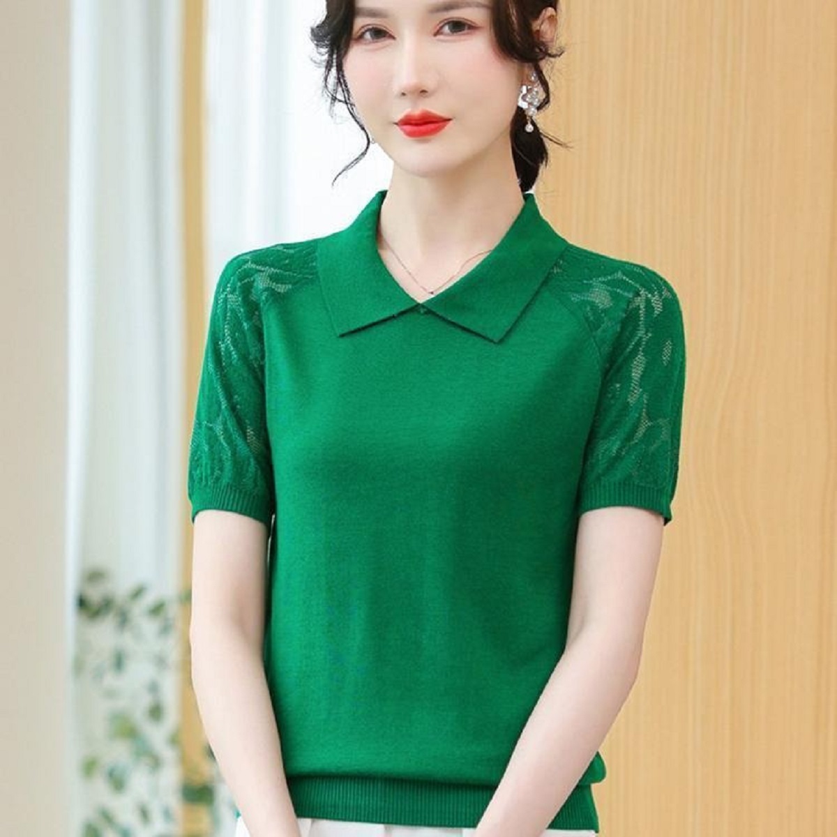 Korean Street Fashion Female - ผู้หญิงฤดูร้อนเสื้อกันหนาวโปโลคอลูกไม้VINTAGEฤดูร้อนแขนสั้นเกาหลีแฟชั่นหญิงChic Lady TEEจัมเปอร์