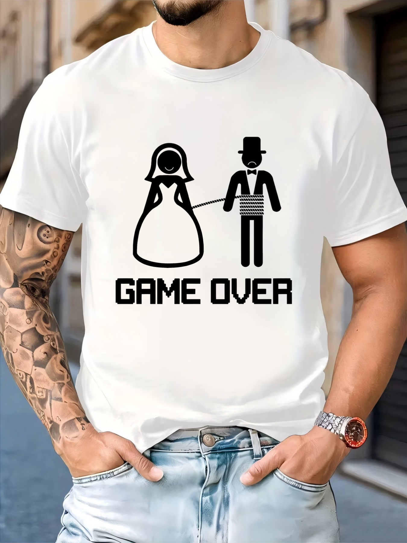 Street Fashion Game - เสื้อยืดคอกลมสีดำสำหรับผู้ชาย พิมพ์ลายตัวอักษร 