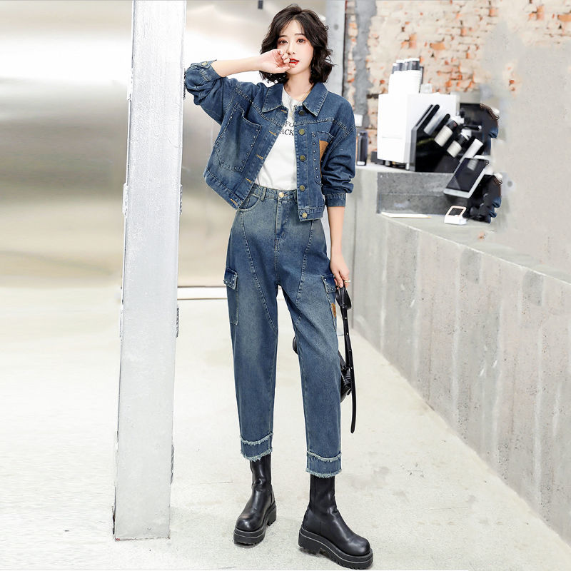 Korean Street Fashion Female - หญิงฤดูใบไม้ผลิฤดูใบไม้ร่วงแฟชั่นทอด Street ชุดคาวบอยฤดูใบไม้ผลิผู้หญิงใหม่สไตล์เกาหลีสูงเอวบาง Splicing 2 ชิ้น