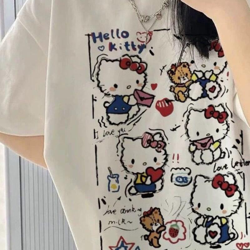 Street Fashion Jersey - เสื้อยืดแขนสั้นลายกราฟฟิตี้เฮลโล คิตตี้สำหรับผู้หญิง ผ้าฝ้าย Y2K ลายการ์ตูนน่ารัก แฟชั่นสตรีทสุดฮิต