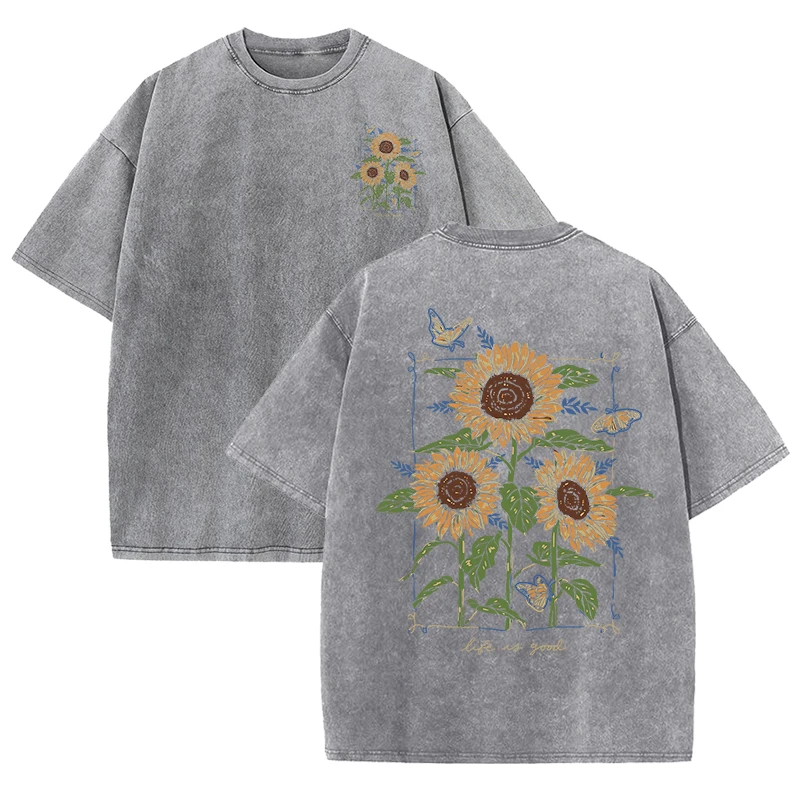 เสื้อยืดลายดอกทานตะวัน ผ้าฝ้าย - Street Fashion Shanghai บทวิจารณ์และราคา