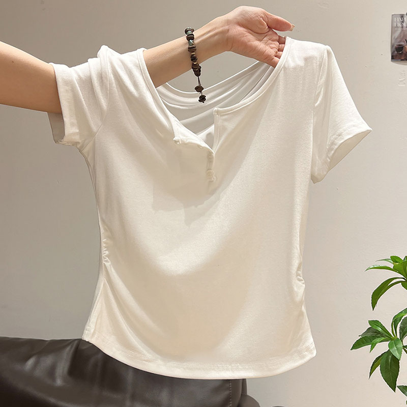 เสื้อยืดคอปกเปิดครึ่งตัว แขนสั - Korean Street Fashion Female บทวิจารณ์และราคา