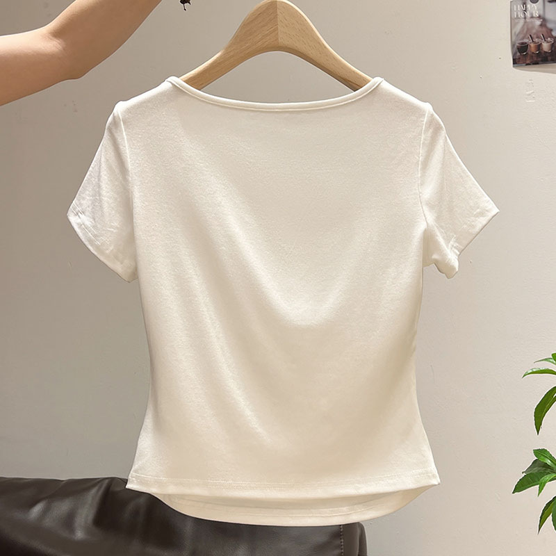 เสื้อยืดคอปกเปิดครึ่งตัว แขนสั - Korean Street Fashion Female บทวิจารณ์และราคา