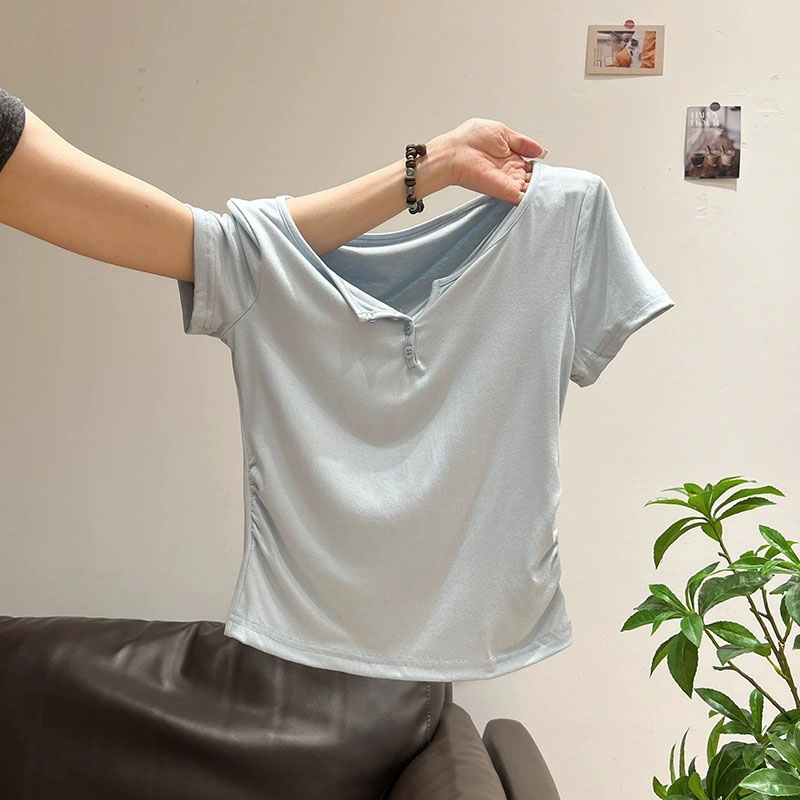 เสื้อยืดคอปกเปิดครึ่งตัว แขนสั - Korean Street Fashion Female บทวิจารณ์และราคา