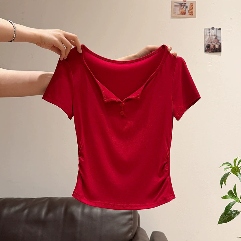 เสื้อยืดคอปกเปิดครึ่งตัว แขนสั - Korean Street Fashion Female บทวิจารณ์และราคา