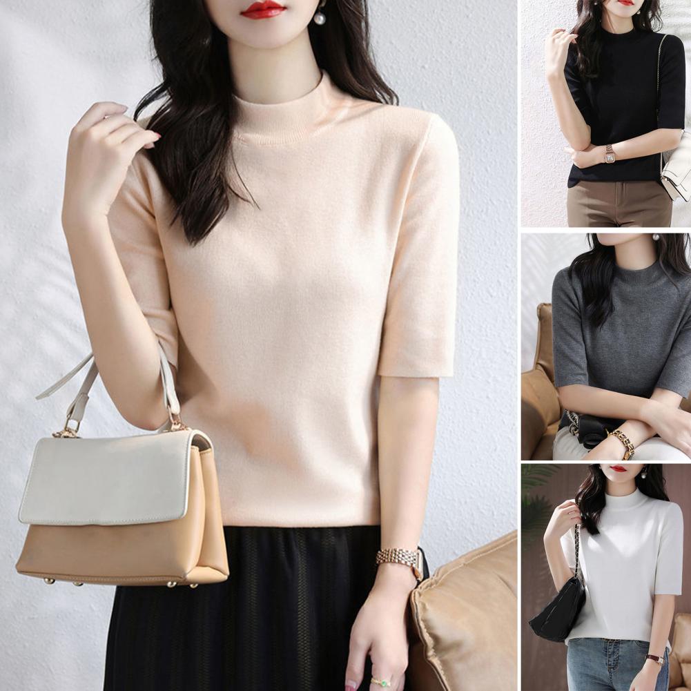 เสื้อสเวตเตอร์ถักแขนสั้นสีพื้น - Korean Street Fashion Female บทวิจารณ์และราคา
